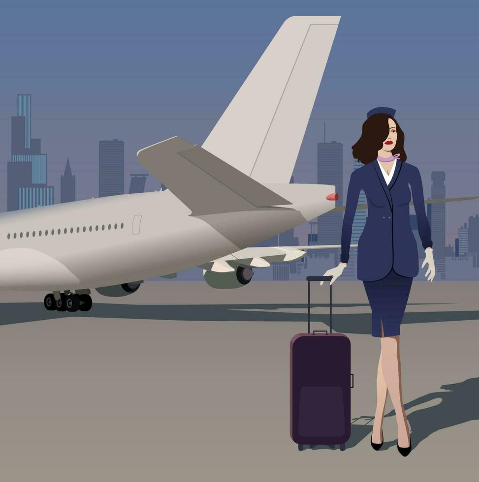 Stewardess and plane on the background of the metropolis. Vector. vector