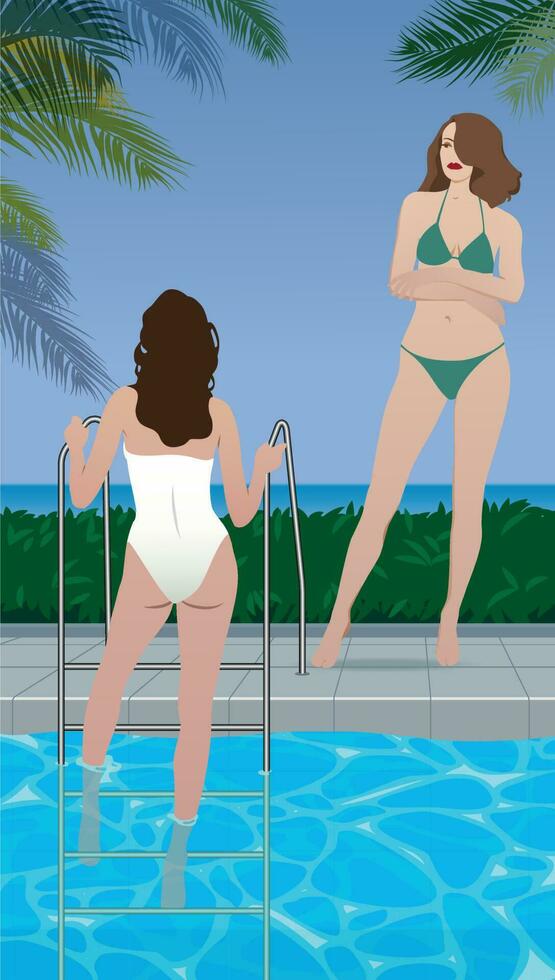 Girls swim in the pool near the sea. Vector. vector