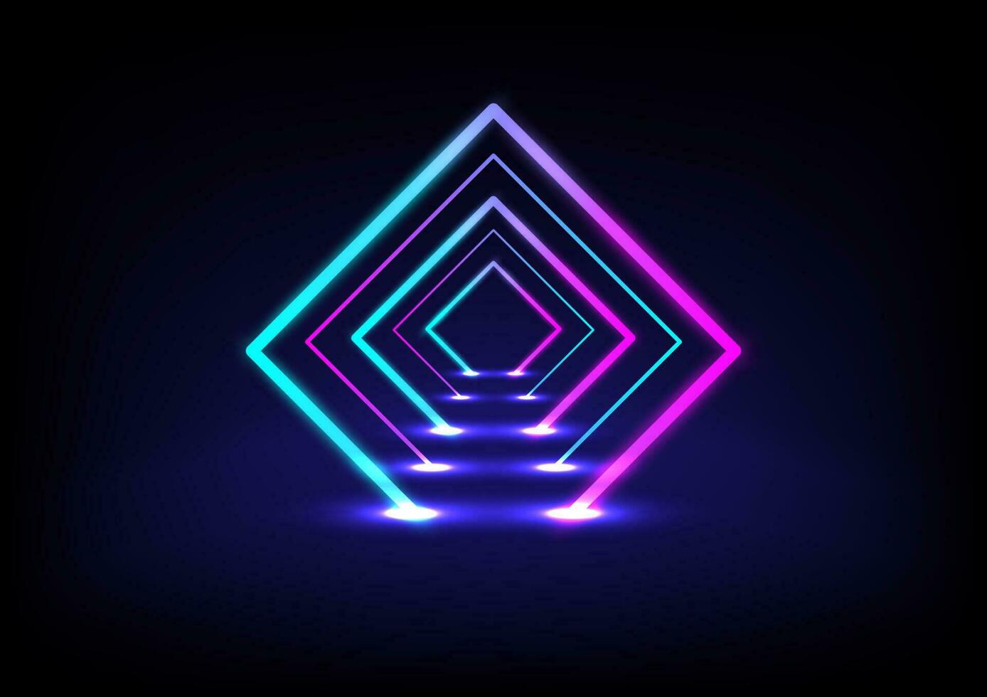 Neon glowing lines, tunnel, led stage. Abstract science futuristic technology background. Pink and blue square neon corridor, perspective.  Vector illustration.