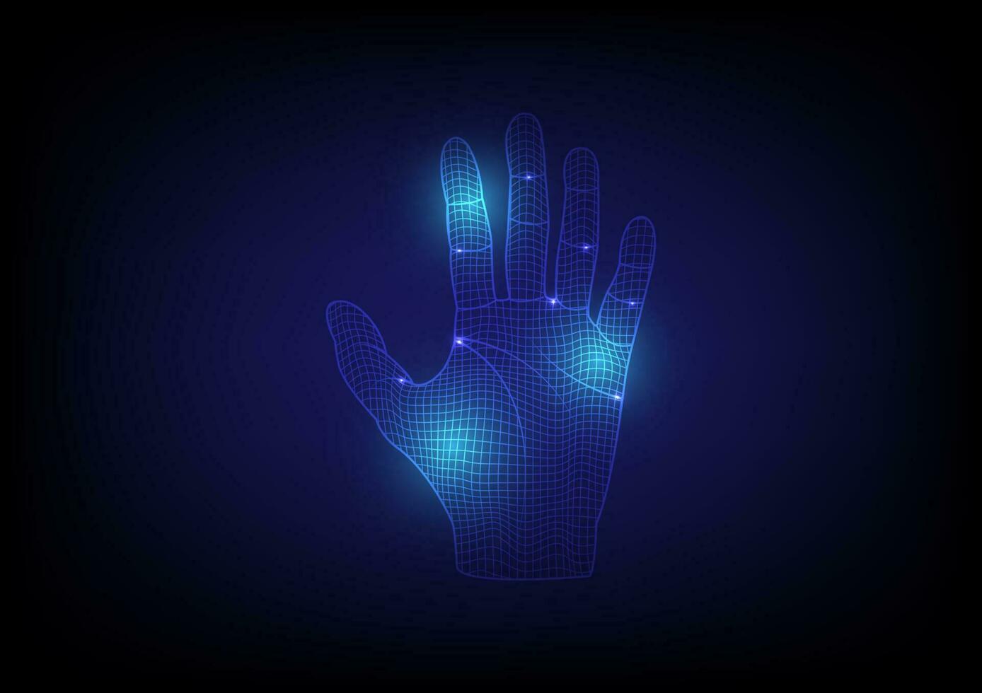 3d wireframe hand with glowing lights. Vector hand up illustration on blue background