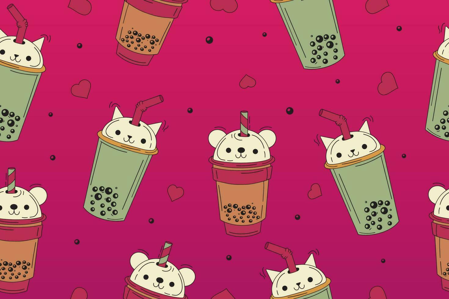 Tea, soft drinks in plastic cups, fashionable dessert, colorful vector collection.