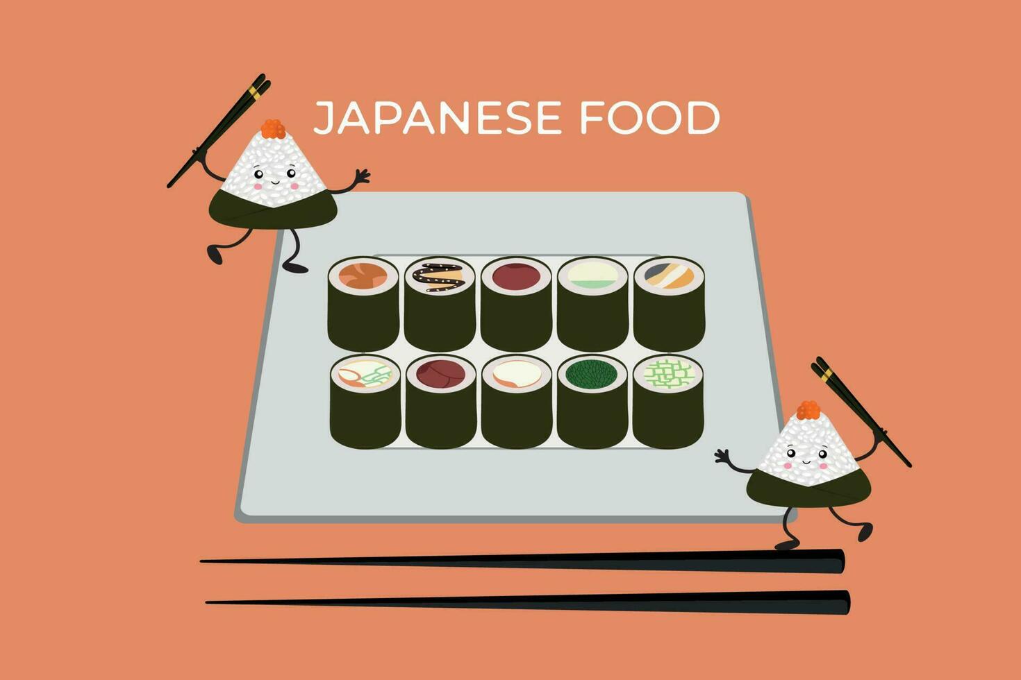 Vector illustration of Onigiri and sushi in the style of kawaii