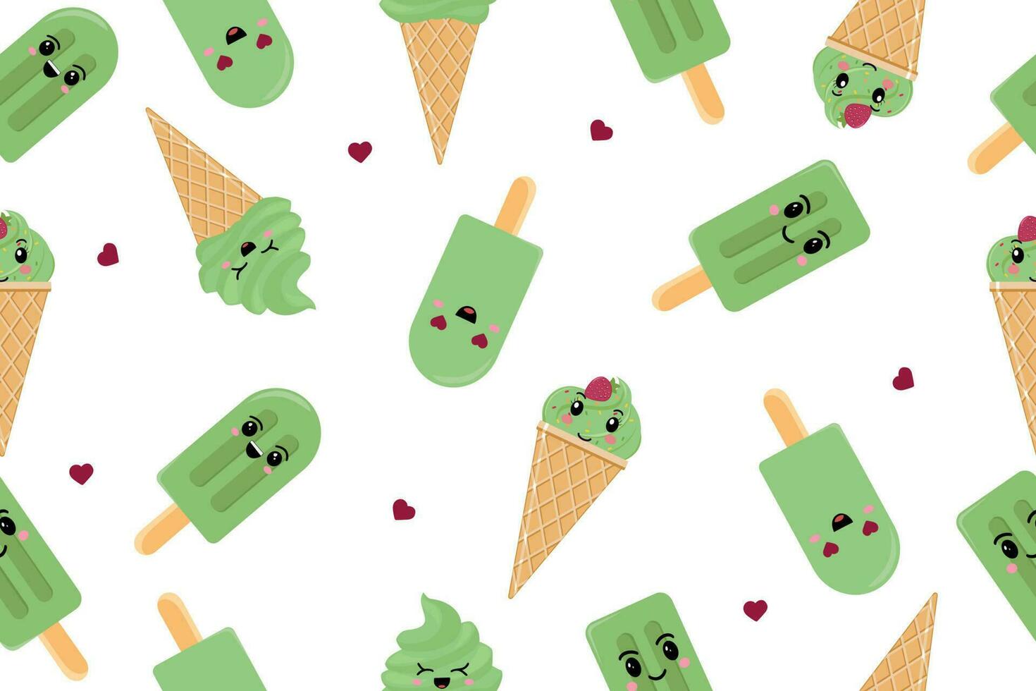 Seamless ice cream matcha pattern. Ice cream on a stick and in a waffle glass. Vector