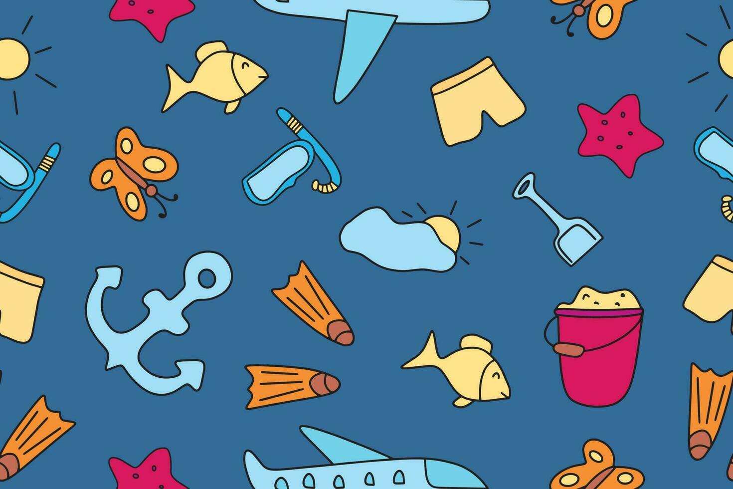 Summer seamless pattern. Doodle style. Accessories for relaxing by the sea. Suitable for printing, textiles, backgrounds, wallpaper, wrapping paper, packaging. vector