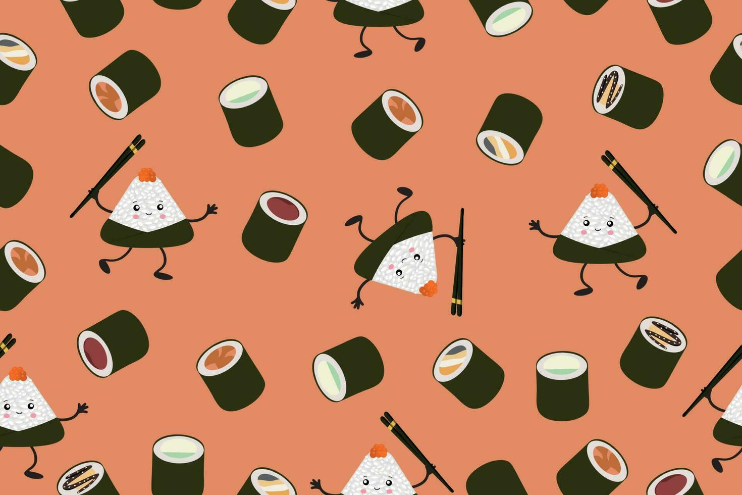 Seamless pattern of sushi and onigiri, illustration of cute and kawaii sushi characters. Vector background. Vector illustration