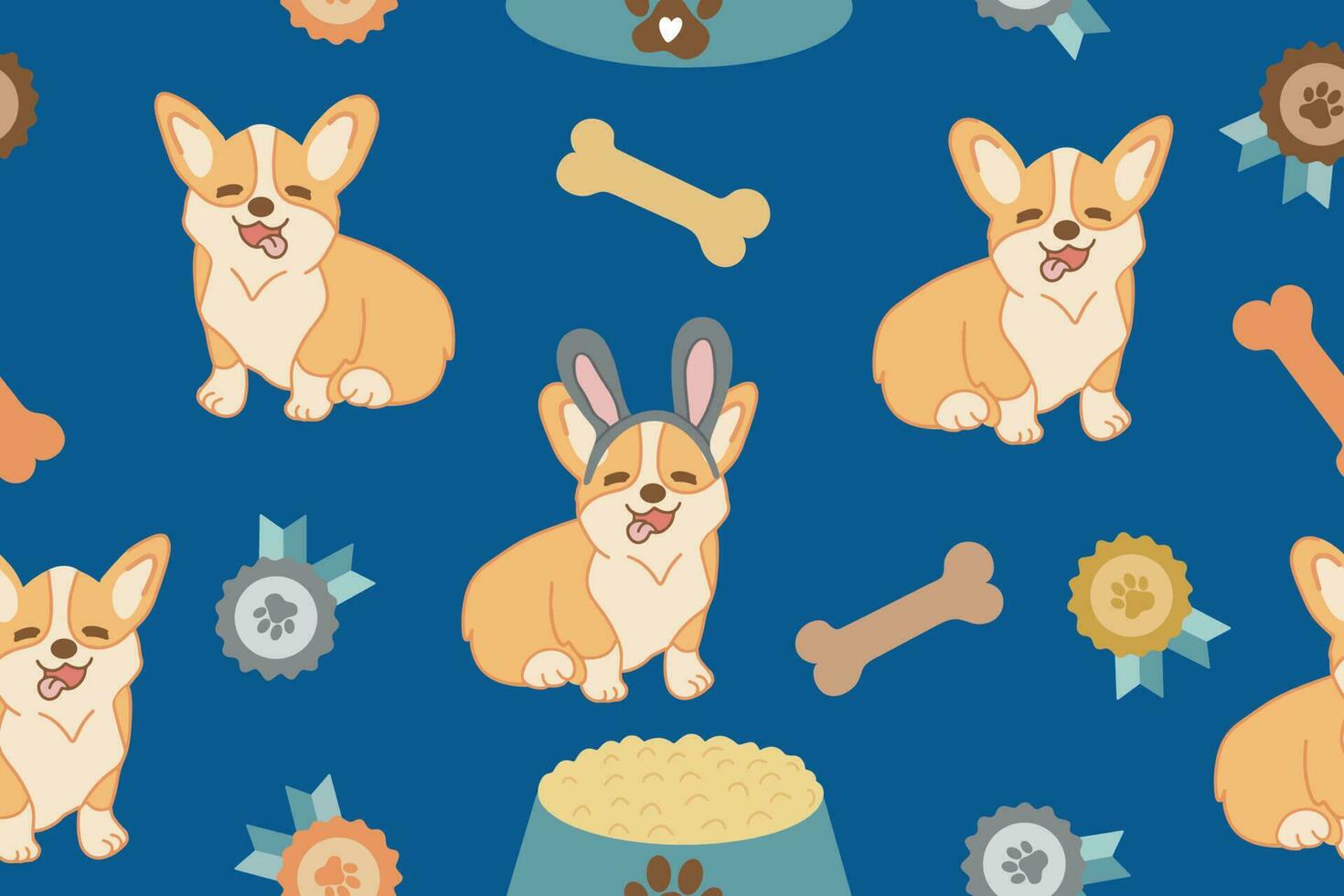 Seamless pattern with cartoon Corgi dog pattern and medals. Vector illustration. Vector