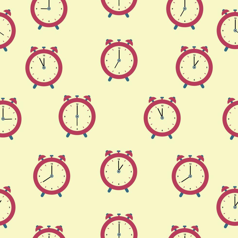 Seamless pattern of red alarm clocks showing different times. Vector illustration in a flat