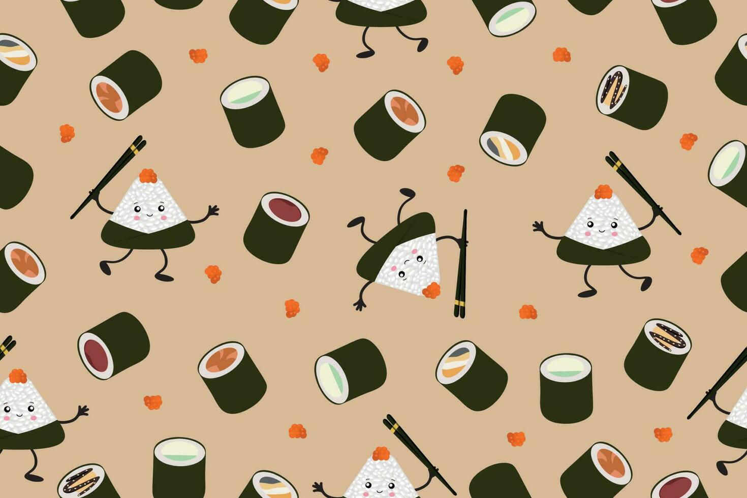 Seamless pattern of sushi and onigiri, illustration of cute and kawaii sushi characters. Vector background. Vector illustration