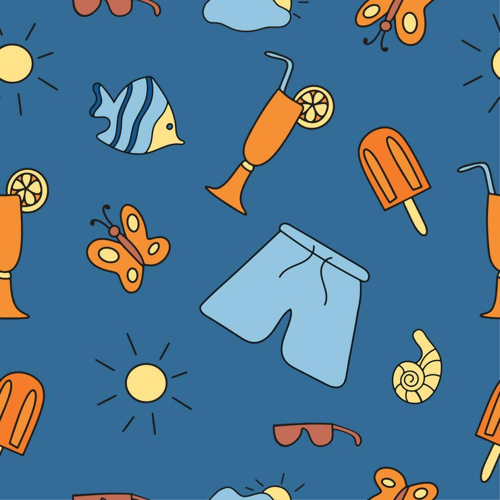 Summer seamless pattern. Doodle style. Accessories for relaxing by the sea. Suitable for printing, textiles, backgrounds, wallpaper, wrapping paper, packaging. vector