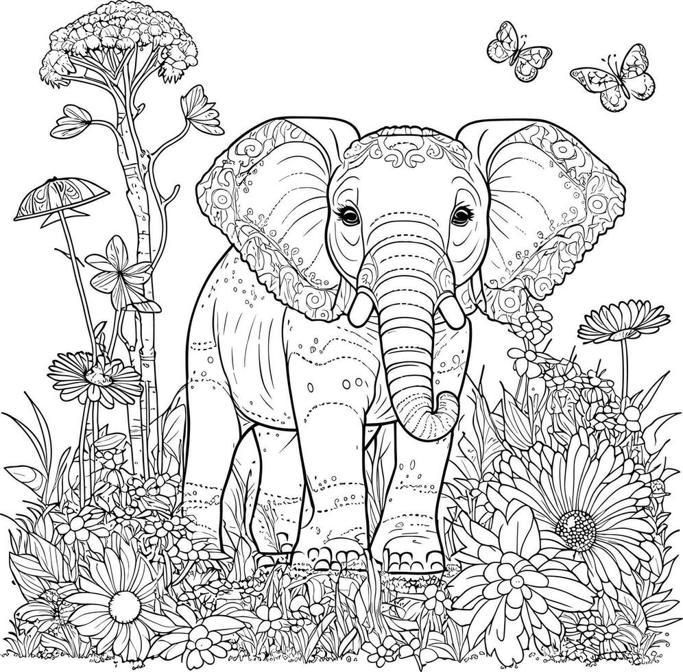 Elephant Coloring Page Great for Beginner Coloring Book Pro Vector