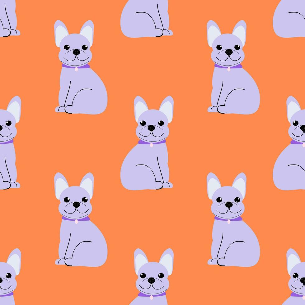 Vector french bulldog on orange background. Seamless pattern with a dog.