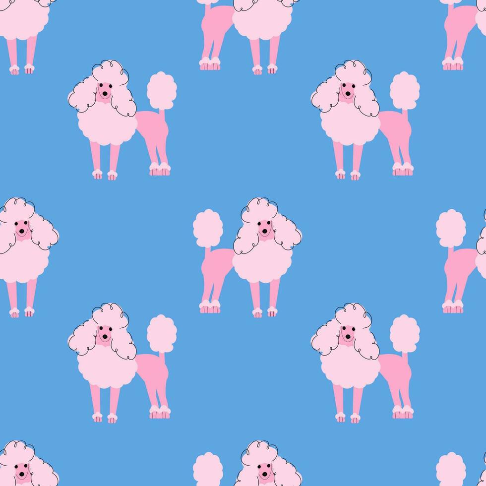 Pink poodle on a blue background. Seamless dog pattern. vector