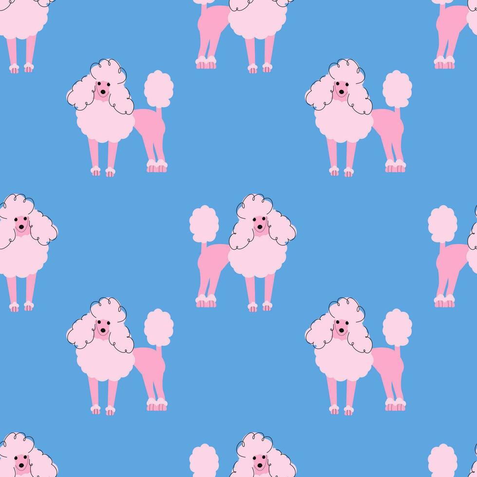 Pink poodle on a blue background. Seamless dog pattern. vector