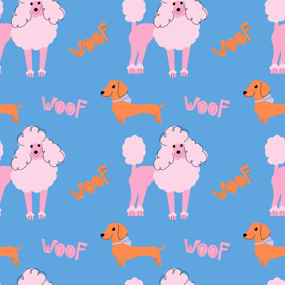 Seamless dogs pattern.Poodle and dachshund on  blue background.Endless vector ornament.