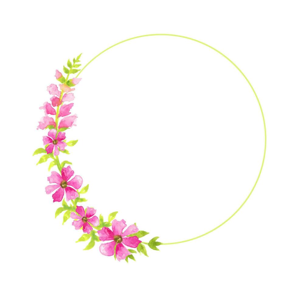 Round frame with watercolor pink flowers. Hand drawn vector illustration of botanical frame isolated on white background.