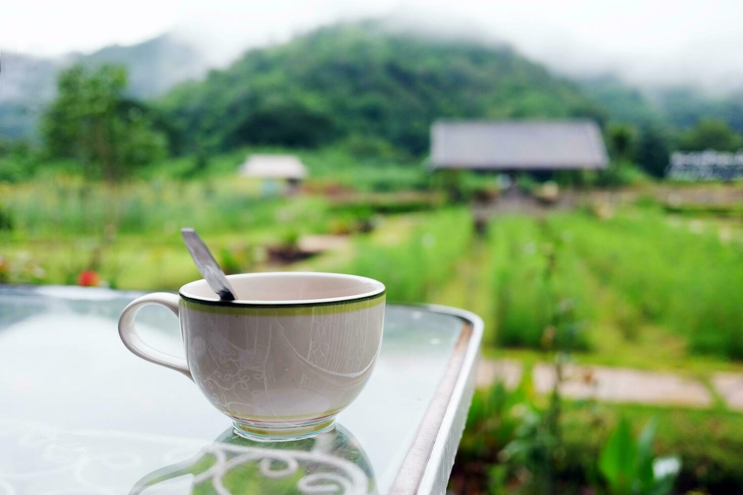 A cup of hot coffee on glass table in the tropical garden with valley mountain, farm and rainforest with fog cover on hill view in rainy season at Thailand photo