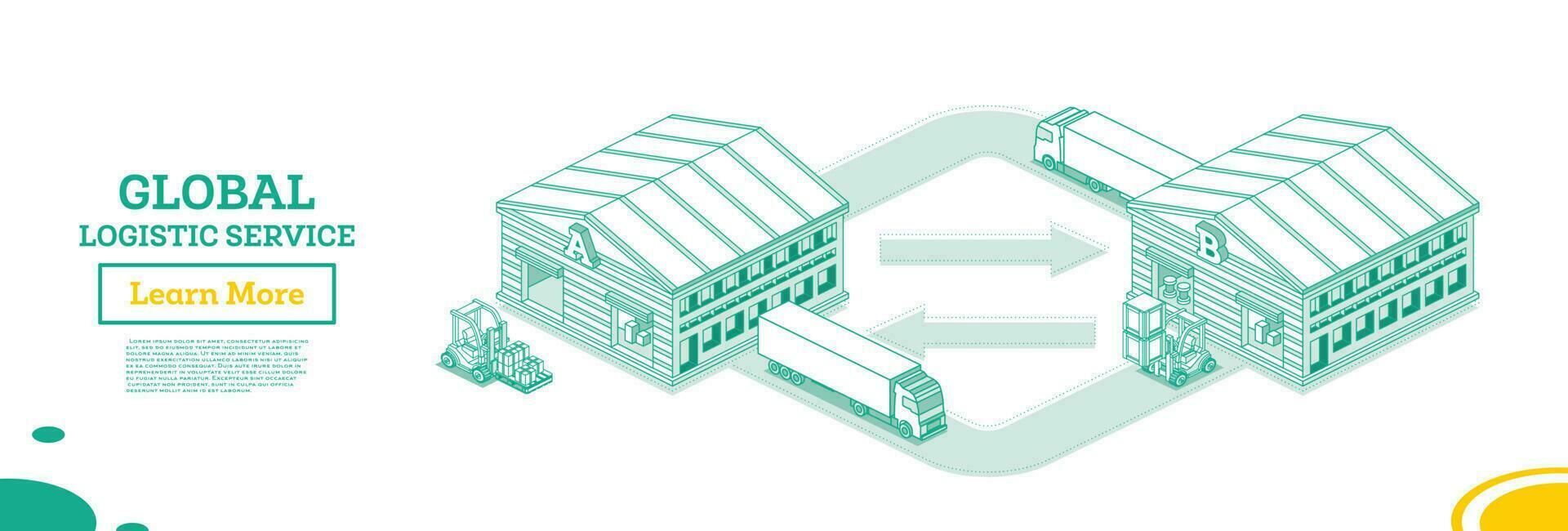 Global Logistics Network. Isometric Outline Concept. Warehouses and Cargo Trucks. Loading and Moving Goods Between Warehouses. vector