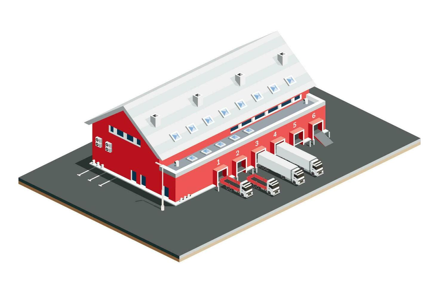 Isometric Distribution Logistic Center. Warehouse Storage Facilities with Trucks Isolated on White Background. vector