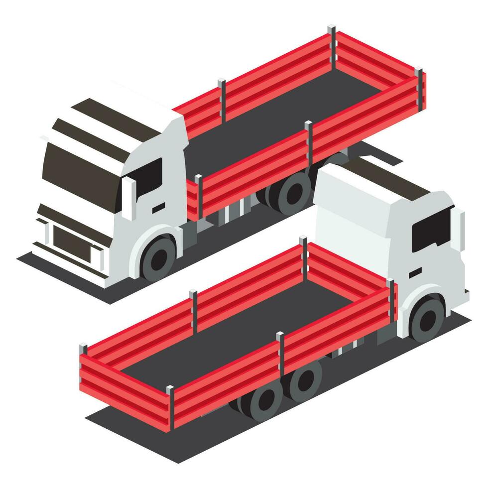 Isometric Red Flatbed Cargo Truck. Commercial Transport. Logistics. City Object for Infographics. Car for Carriage of Goods. Front and Back View. vector