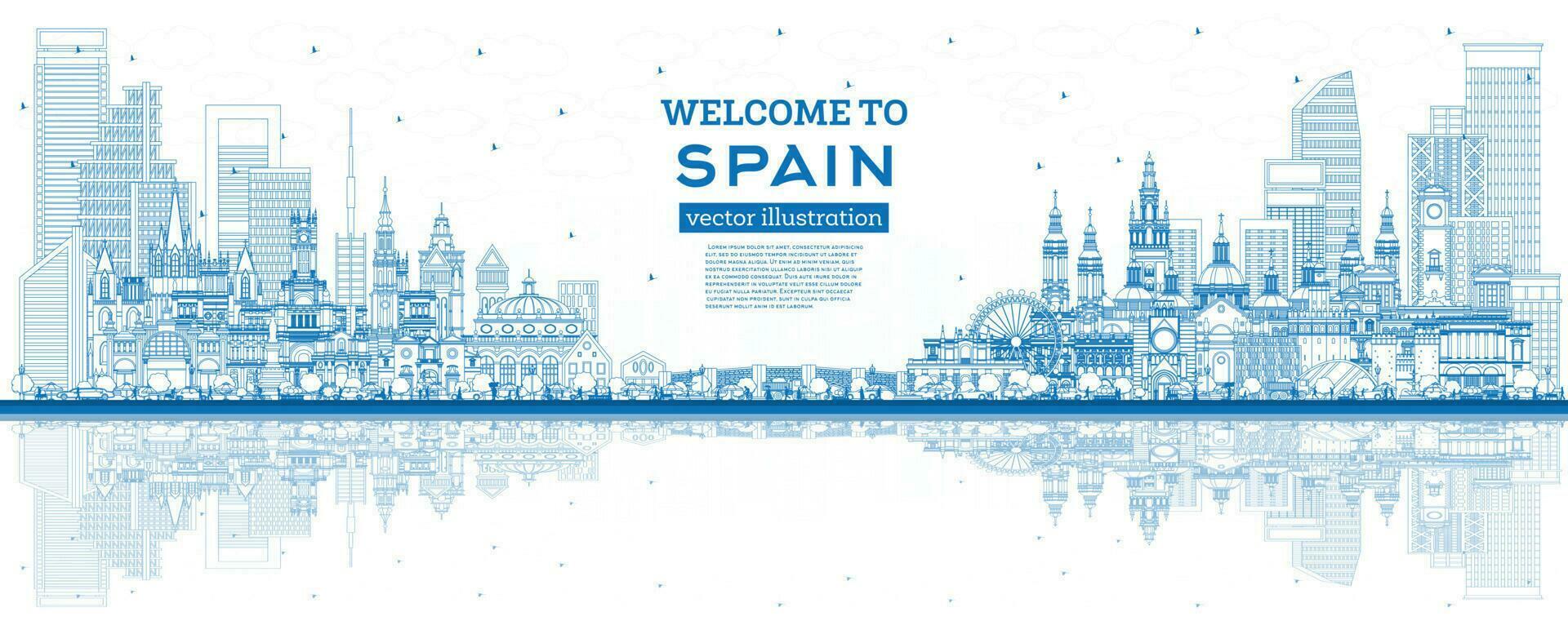 Bienvenido a España. contorno ciudad horizonte con azul edificios y reflexiones histórico arquitectura. España paisaje urbano con puntos de referencia vector