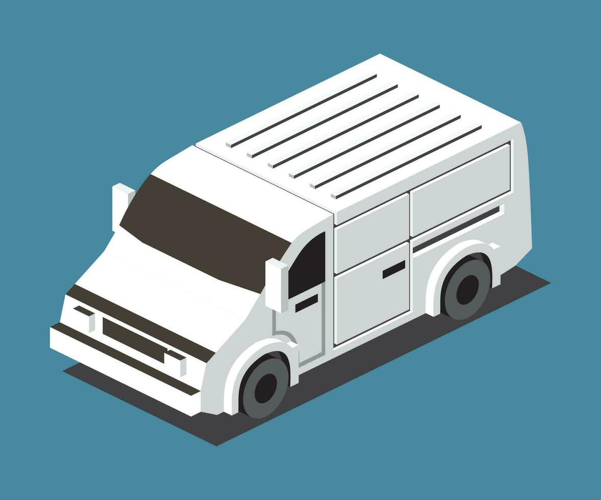 Isometric Commercial Vehicle. White Van on Blue Background. Front View. vector