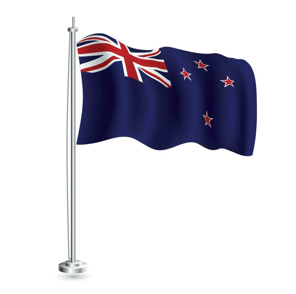 New Zealand Flag. Isolated Realistic Wave Flag of New Zealand Country on Flagpole. vector