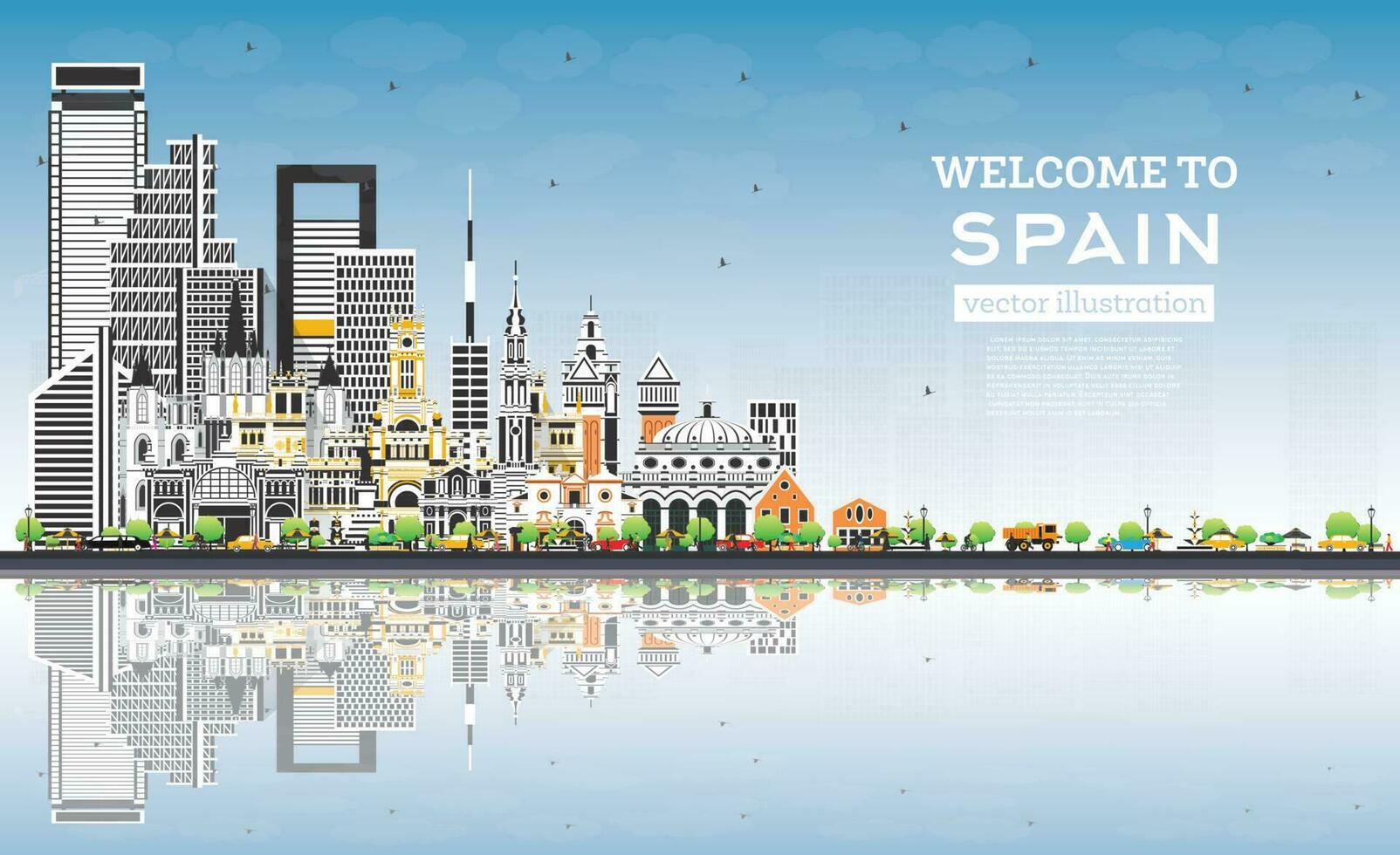 Welcome to Spain. City Skyline with Gray Buildings, Blue Sky and Reflections. Historic Architecture. Spain Cityscape with Landmarks. vector