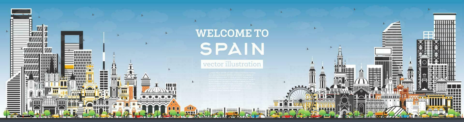 Bienvenido a España. ciudad horizonte con gris edificios y azul cielo. moderno y histórico arquitectura. España paisaje urbano con puntos de referencia vector