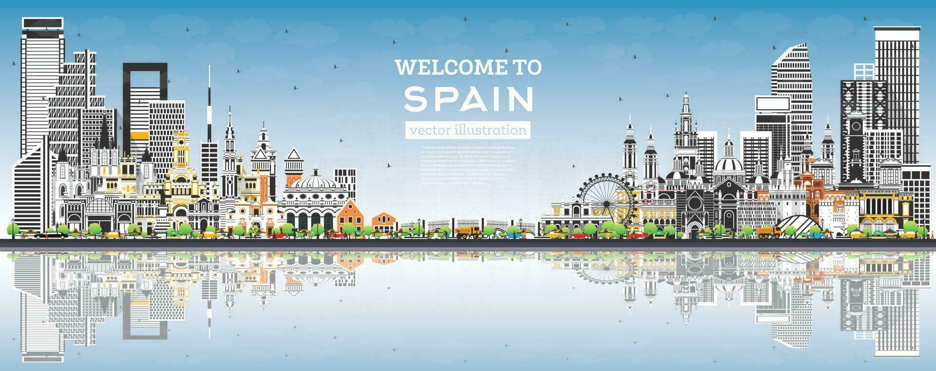 Bienvenido a España. ciudad horizonte con gris edificios, azul cielo y reflexiones histórico arquitectura. España paisaje urbano con puntos de referencia vector