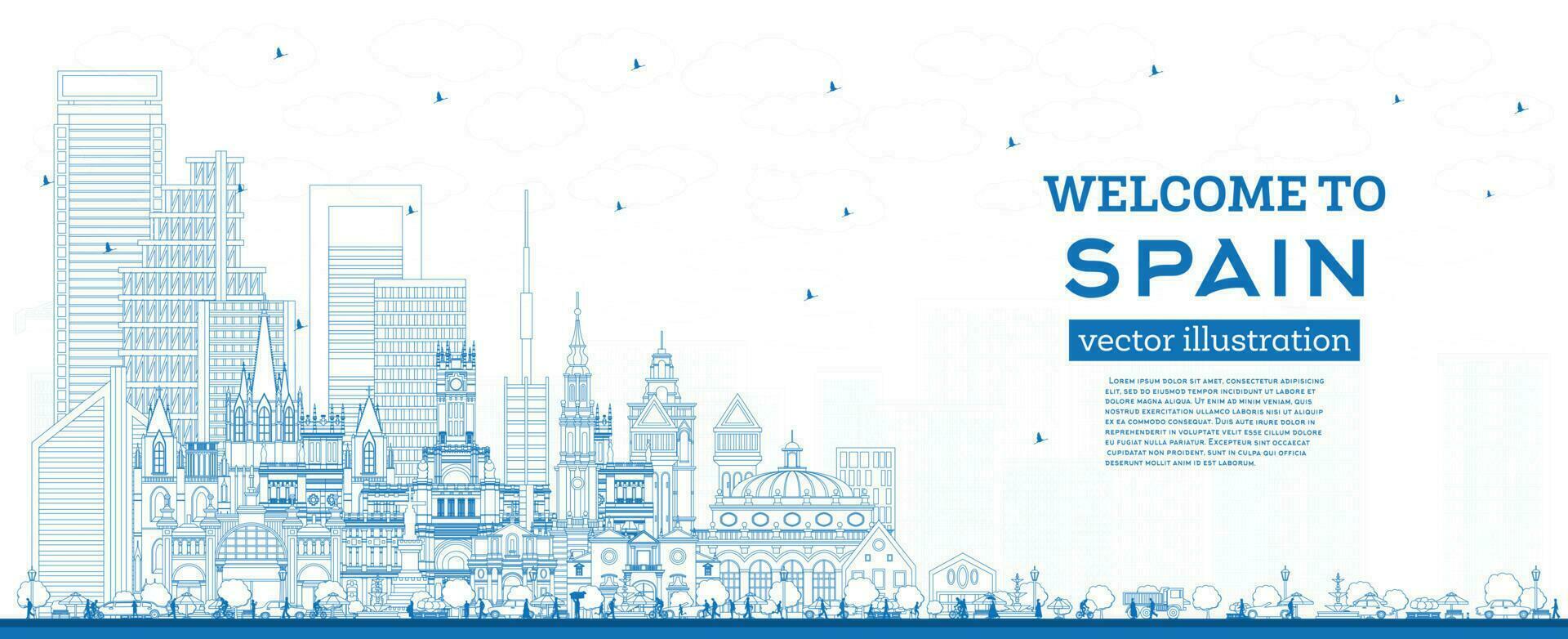 Welcome to Spain. Outline City Skyline with Blue Buildings. Modern and Historic Architecture. Spain Cityscape with Landmarks. vector
