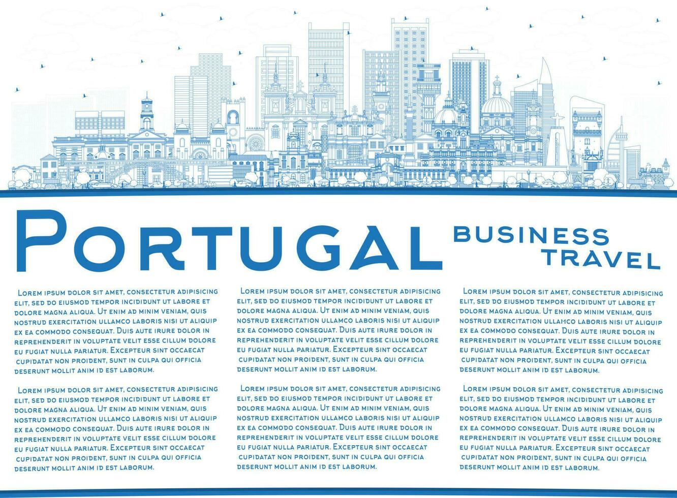 Portugal. Outline City Skyline with Blue Buildings and Copy Space. Portugal Cityscape with Landmarks. vector