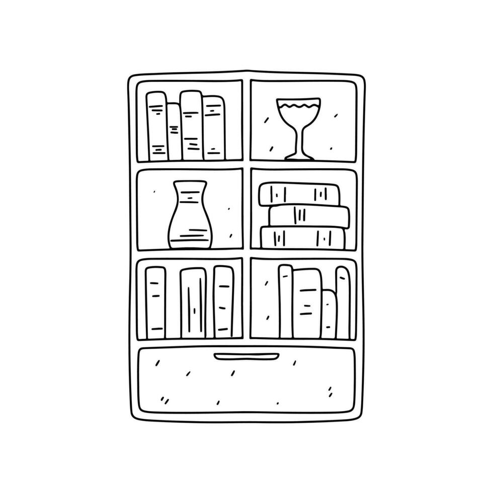 Book shelf in hand drawn doodle style. Vector illustration isolated on white. Coloring page.