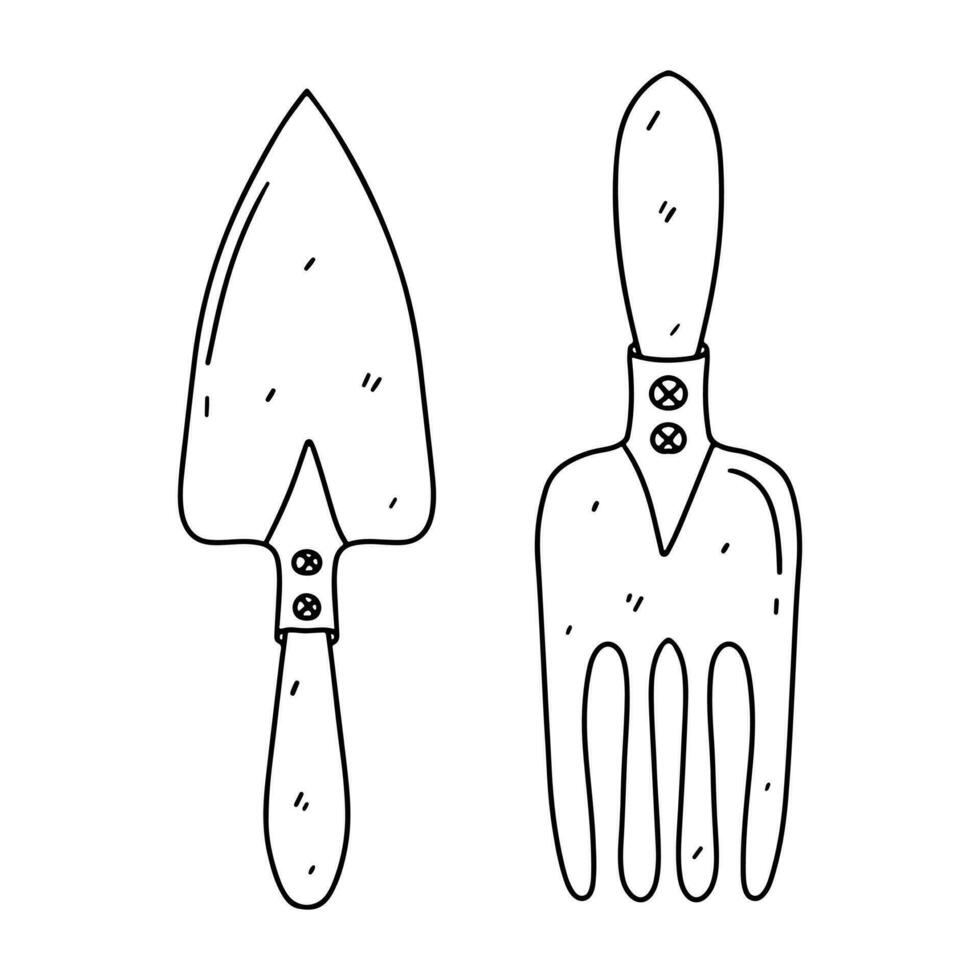 Garden tools in hand drawn doodle style. Vector illustration isolated on white. Coloring page.