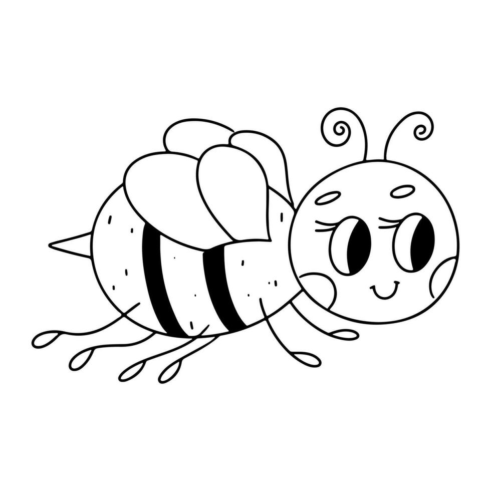 Funny flying bee in hand drawn doodle style. Vector illustration isolated on white. Coloring page.