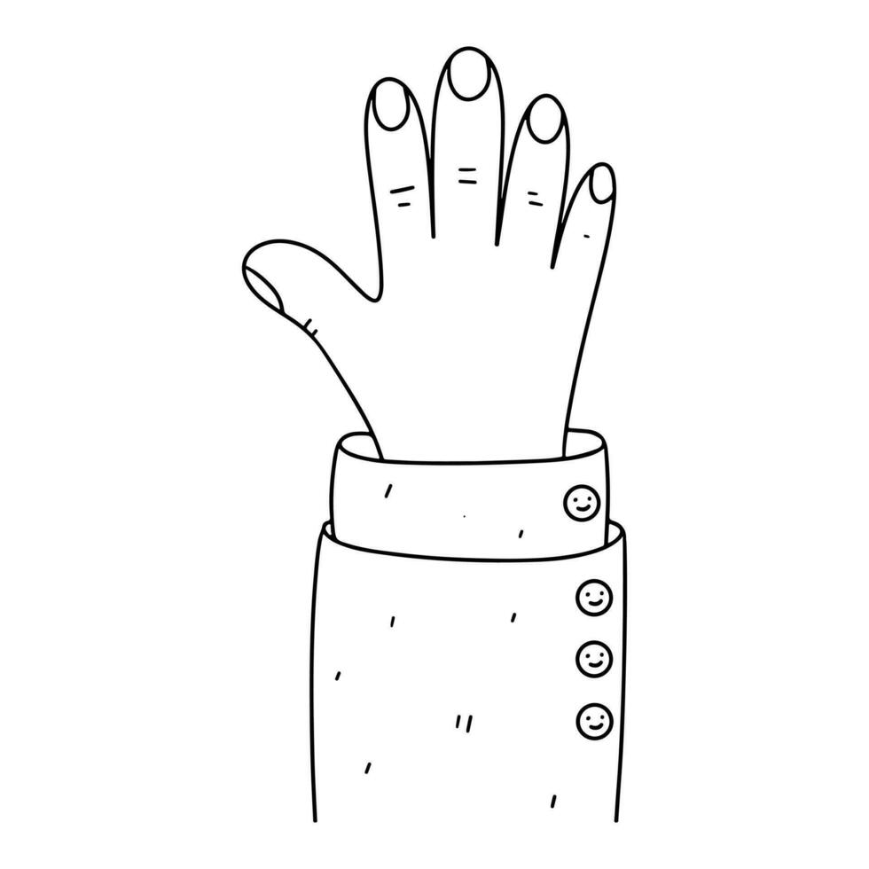 Human hand raised up in hand drawn doodle style. Vector illustration isolated on white. Coloring page.
