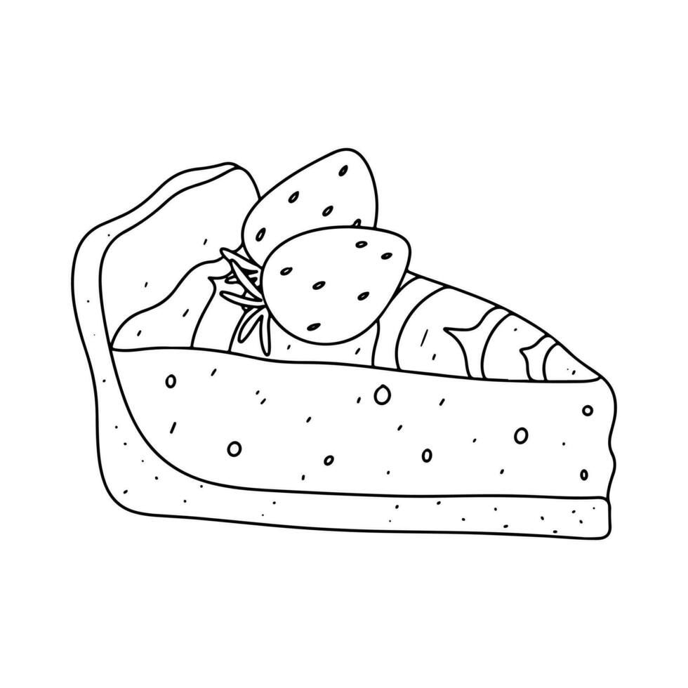 Piece of cake with strawberry on top in hand drawn doodle style. Vector illustration isolated on white. Coloring page.