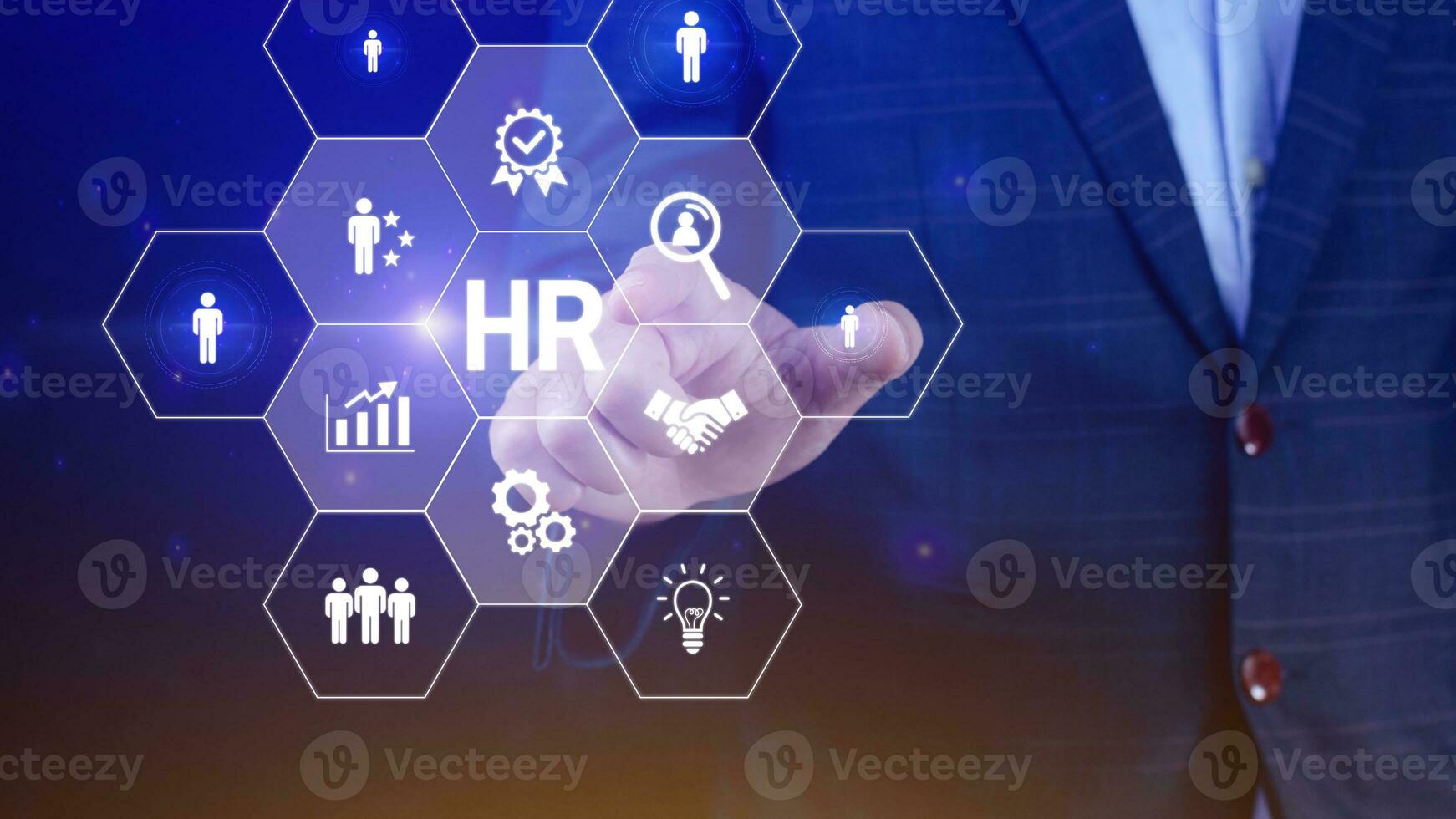 Businessman hand pressing human resources button, Human resources, HR management, employment, headhunting concept, hand holding modern social buttons on virtual background photo