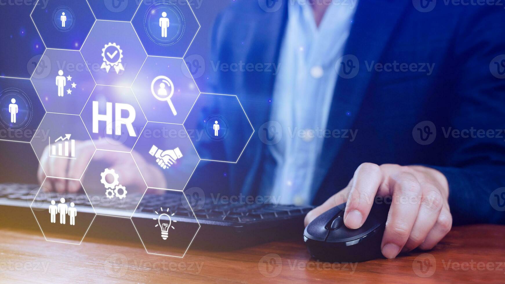Businessman hand pressing human resources button, Human resources, HR management, employment, headhunting concept, hand holding modern social buttons on virtual background photo