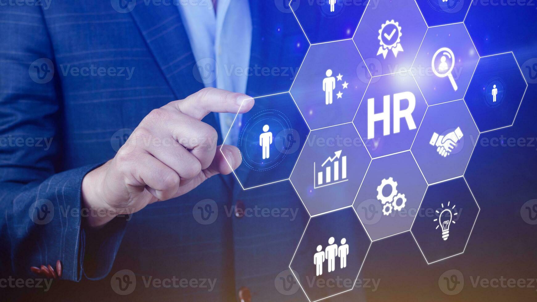 Businessman hand pressing human resources button, Human resources, HR management, employment, headhunting concept, hand holding modern social buttons on virtual background photo