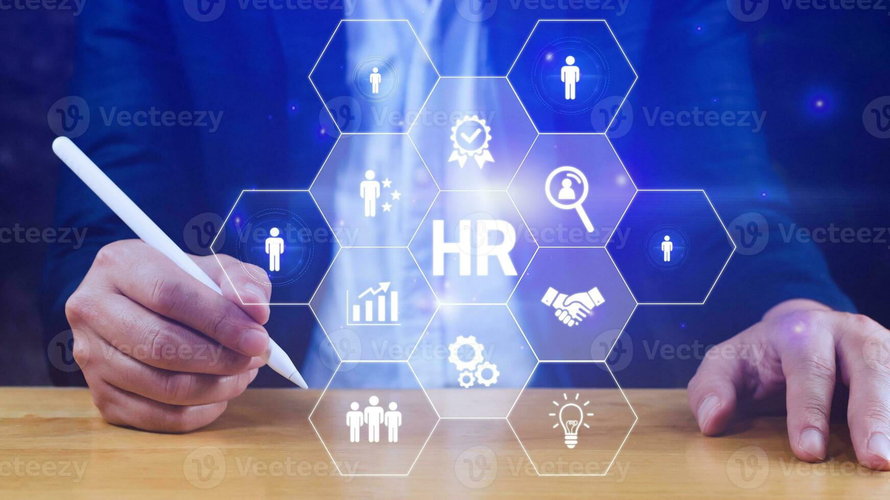 Businessman hand pressing human resources button, Human resources, HR management, employment, headhunting concept, hand holding modern social buttons on virtual background photo