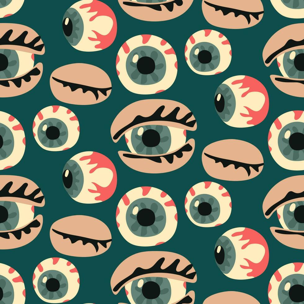 Vector illustration with a seamless pattern of human eyeballs, hand-drawn. Eyes looking to the sides and in front with closed eyelids. The background is a realistic colored Halloween. The style Flat