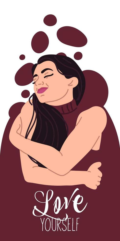 Love yourself. Love the concept of your body. Skin care for girls. Find time for yourself. Vector illustration. A woman hugs herself. A girl on a colored abstract background.