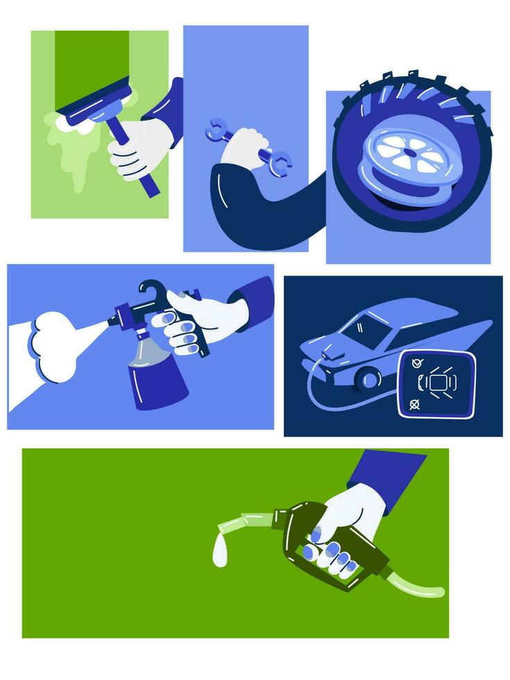 A set of modern illustrations for the theme of auto repair. Washing, refueling, tire fitting, diagnostics, painting, repair. Car service logos. Cartoon logo of the service in a flat style green, blue vector