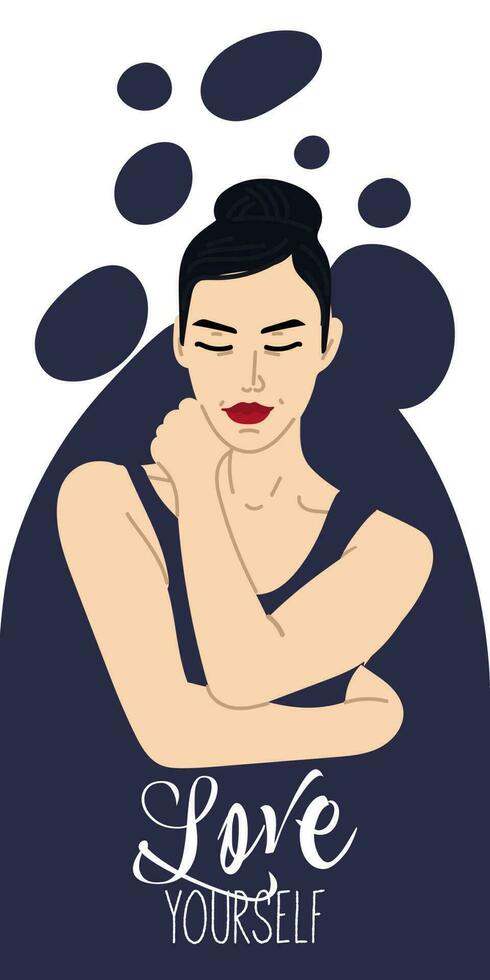 Love yourself. Love the concept of your body. Skin care for girls. Find time for yourself. Vector illustration. A woman hugs herself. A girl on a colored abstract background.