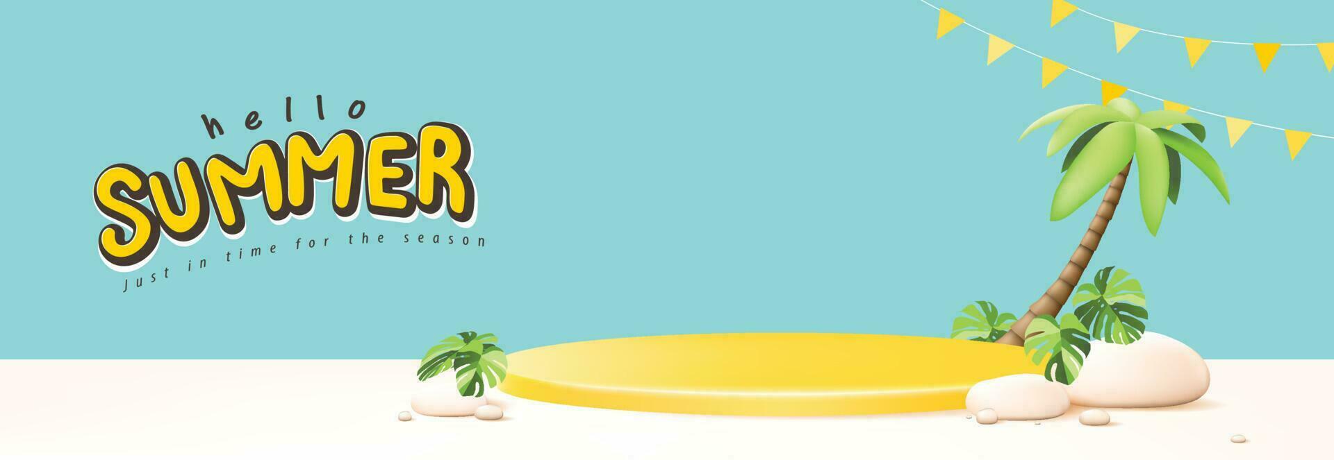 Summer travel poster banner with yellow product display podium summer tropical beach scene background vector