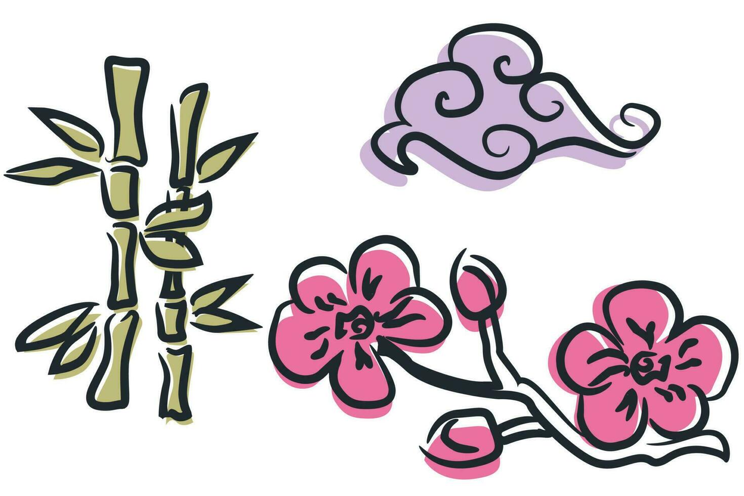 set of illustrations of Japanese sakura flower, bamboo and cloud vector