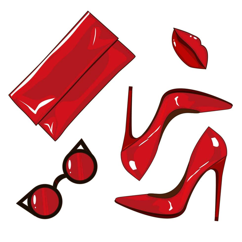 un par de hermosa rojo De las mujeres Zapatos en un blanco fondo, sexy zapatos, clásico. un de moda conjunto de bolso, tacones altos zapatos, anteojos, labios. vector