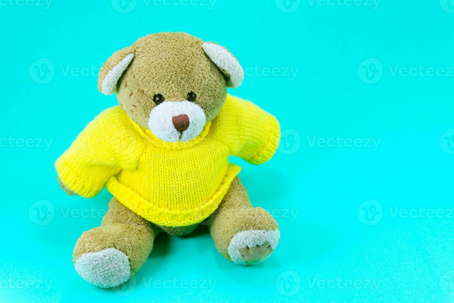 Brown Teddy bear toy wear yellow shirts sitting on green background photo