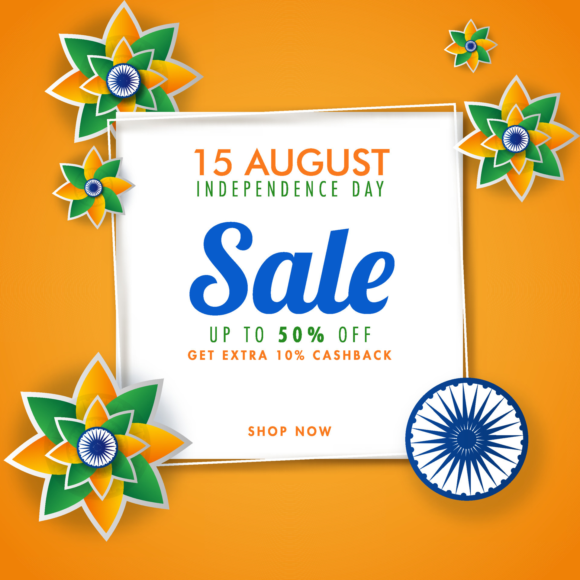 15 August, Independence Day Sale Poster Design with 50 Discount Offer