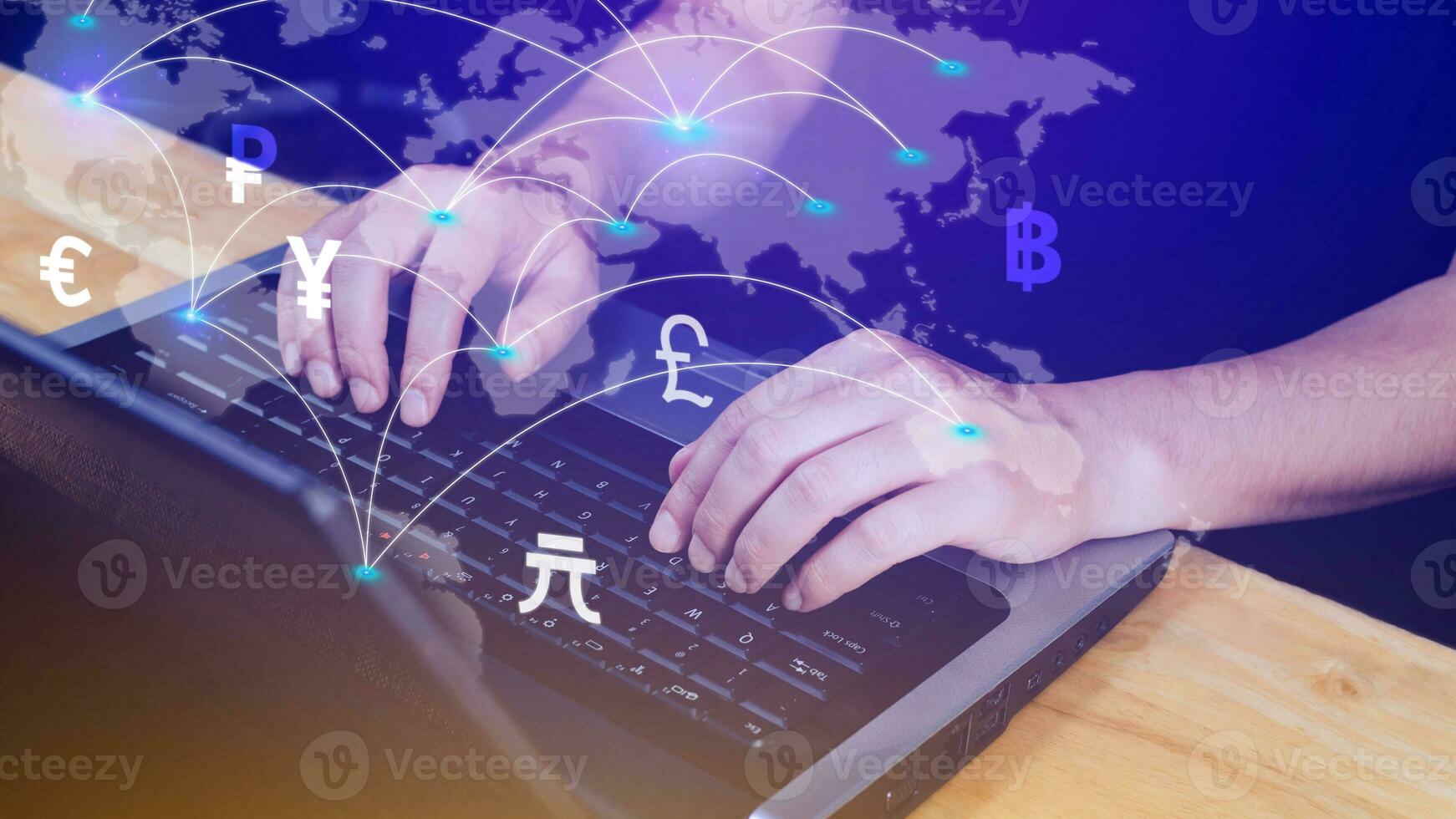 Businessman using mobile phone and laptop computer to money transfers and currency exchanges between countries of the world, online banking interbank payment concept. photo